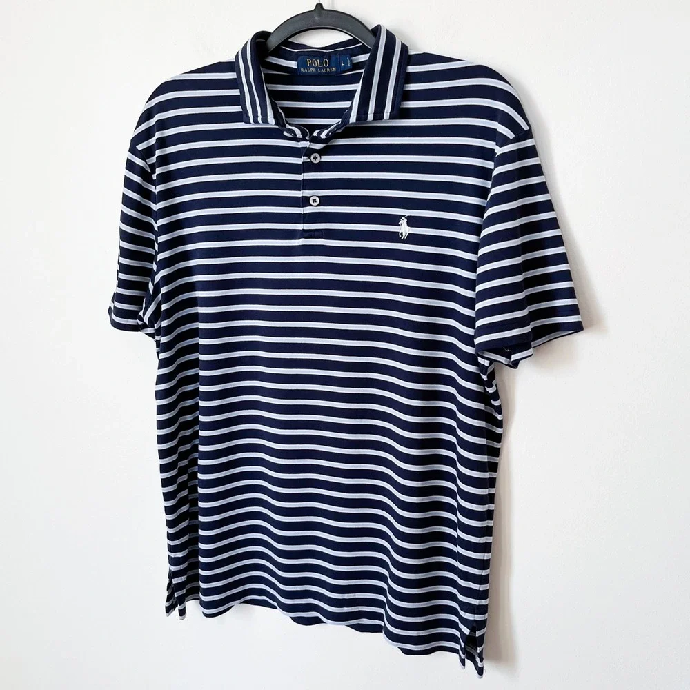 Polo Ralph Lauren Short Sleeve Striped Polo‎ Shirt Mens Large Navy Blue White
